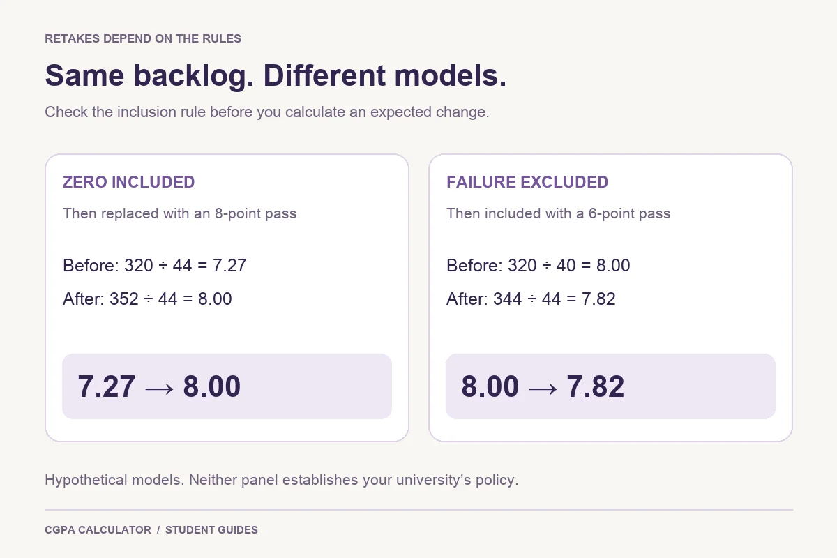 Two hypothetical backlog models: zero included then replaced changes 7.27 to 8.00; failure excluded then a six-point pass changes 8.00 to 7.82.