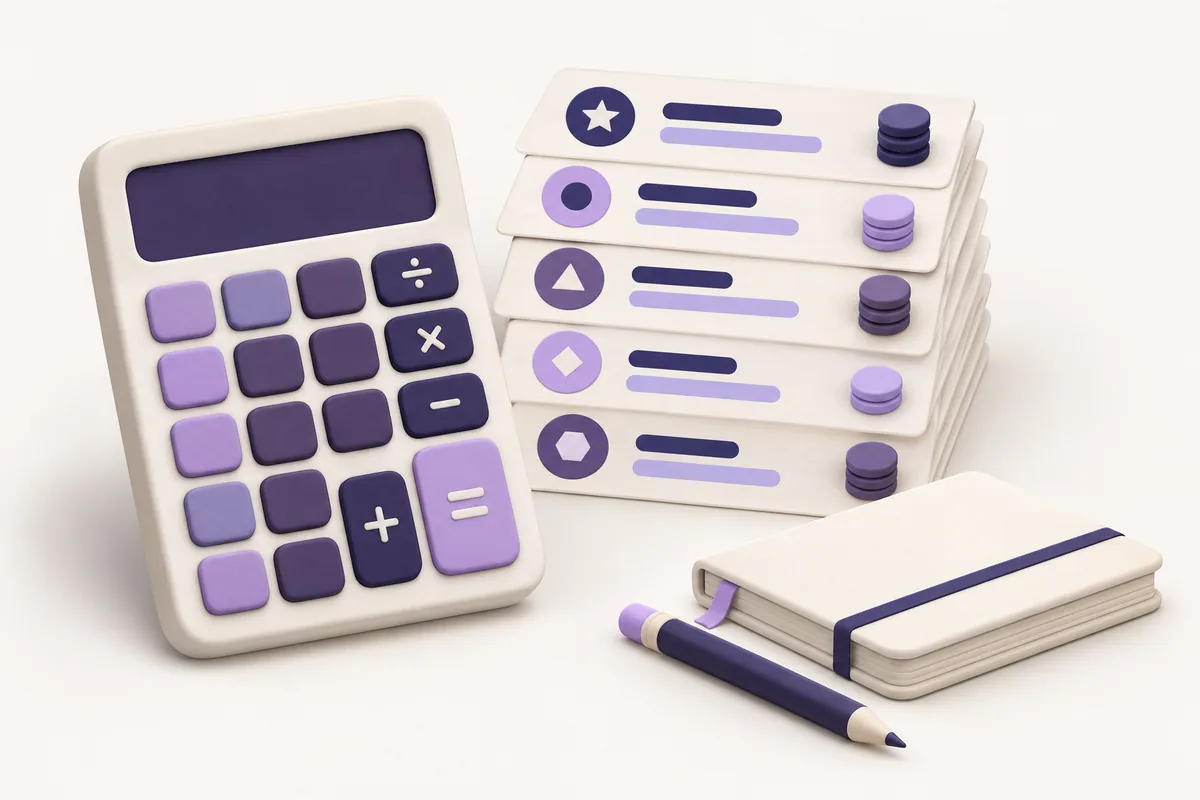 Indigo calculator beside stacked course cards, credit tokens and a notebook.