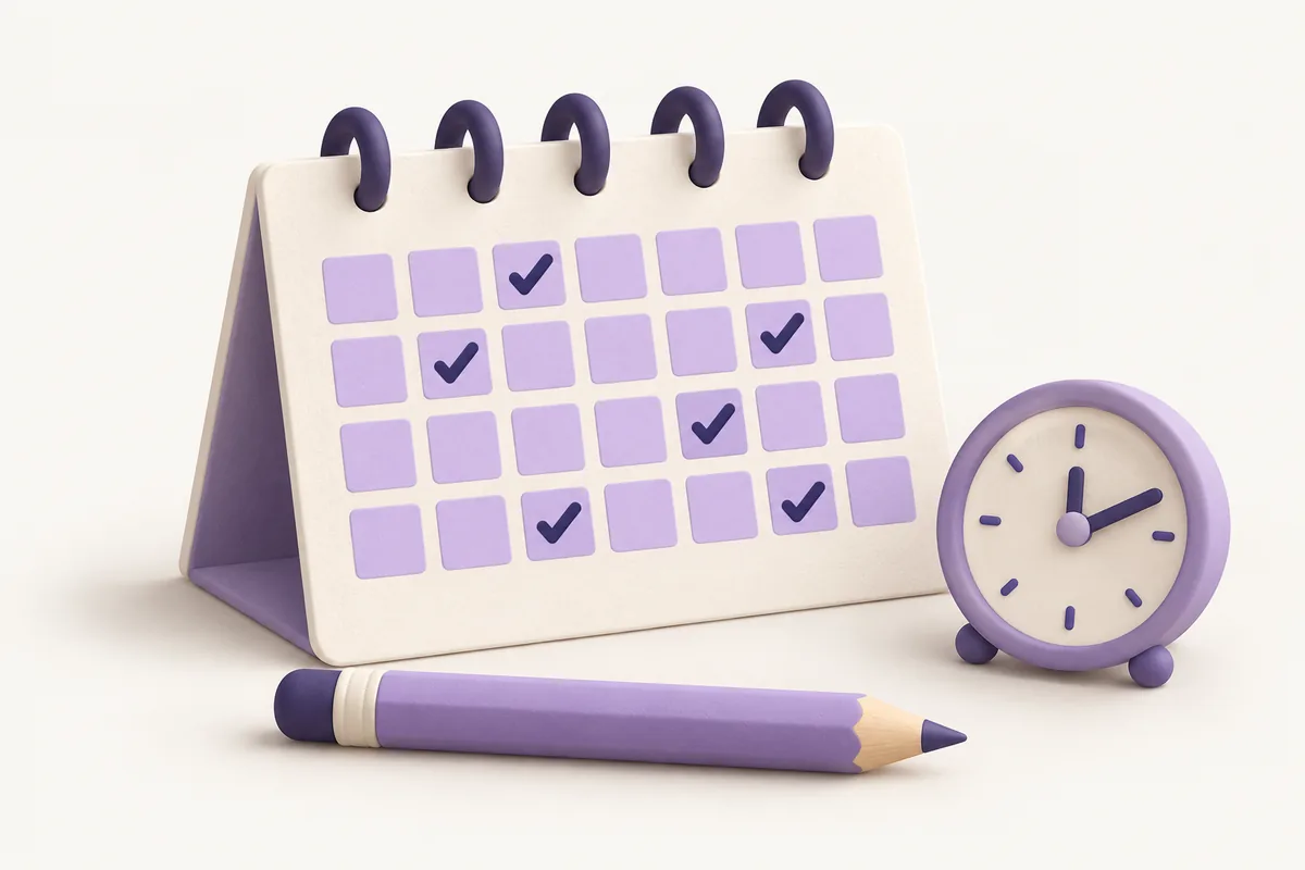 Desk calendar with checked lavender squares beside a clock and pencil.