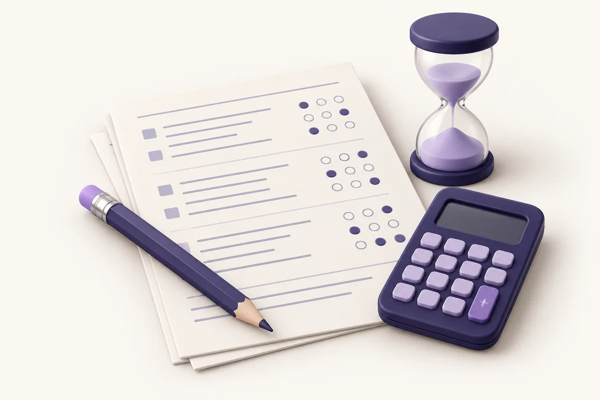 Exam answer sheet with an indigo pencil, calculator and hourglass.