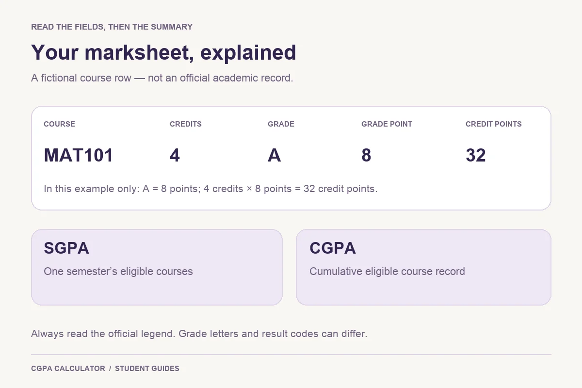 Fictional marksheet row showing course MAT101, four credits, grade A, eight grade points and 32 credit points, with SGPA and CGPA explained.