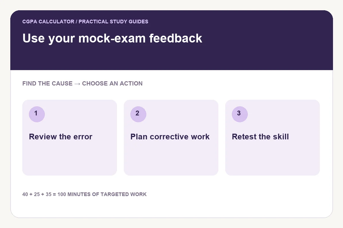 Use your mock-exam feedback illustration showing review the error, plan corrective work, retest the skill.