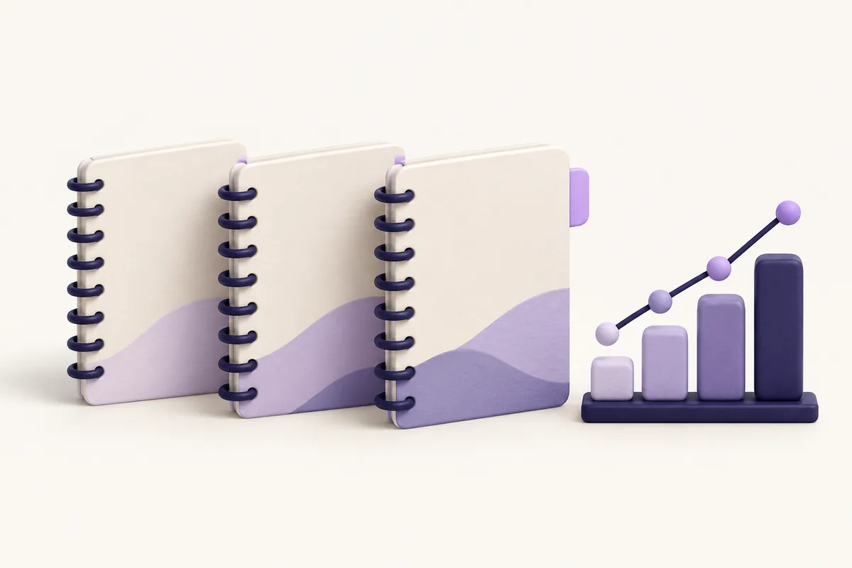 Three ivory semester notebooks beside an indigo progress chart with lavender milestones.