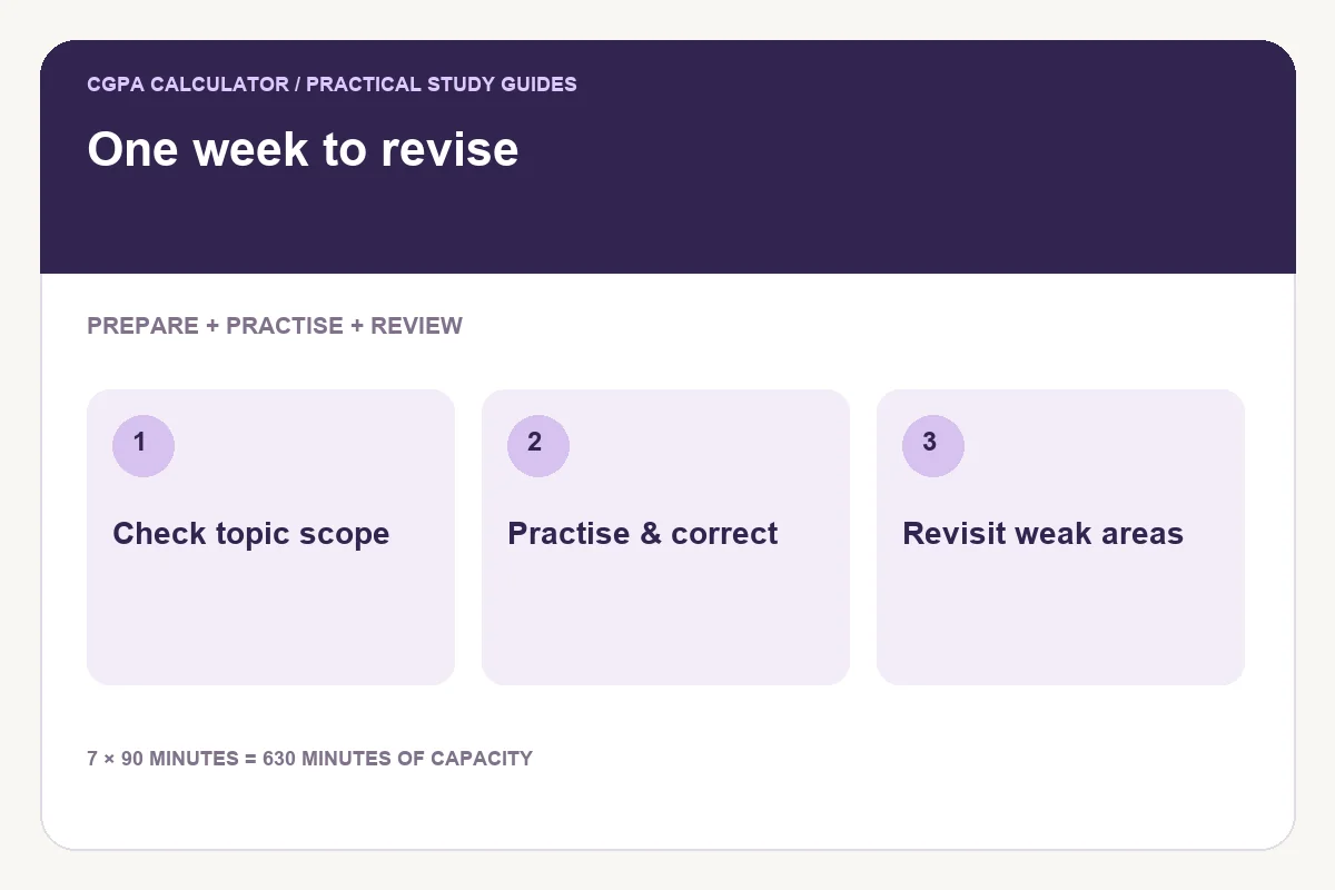One week to revise illustration showing check topic scope, practise & correct, revisit weak areas.