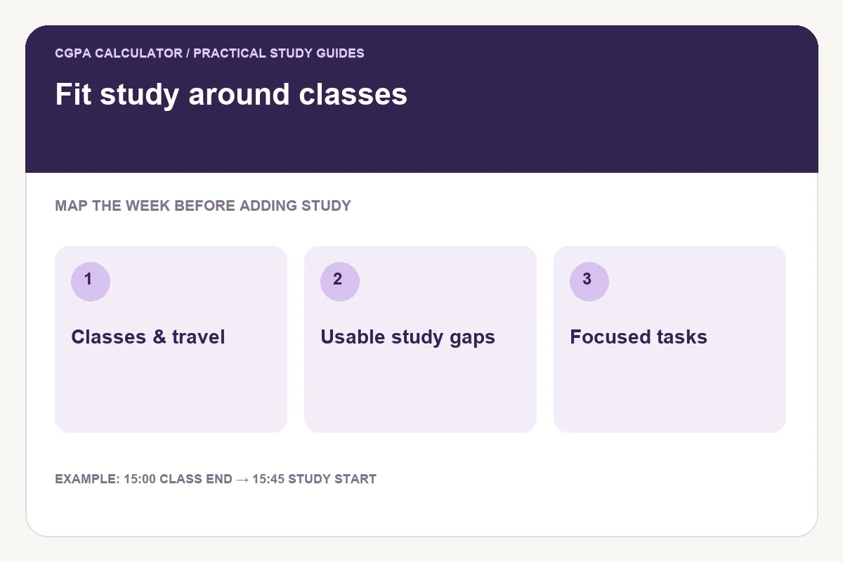 Fit study around classes illustration showing classes & travel, usable study gaps, focused tasks.
