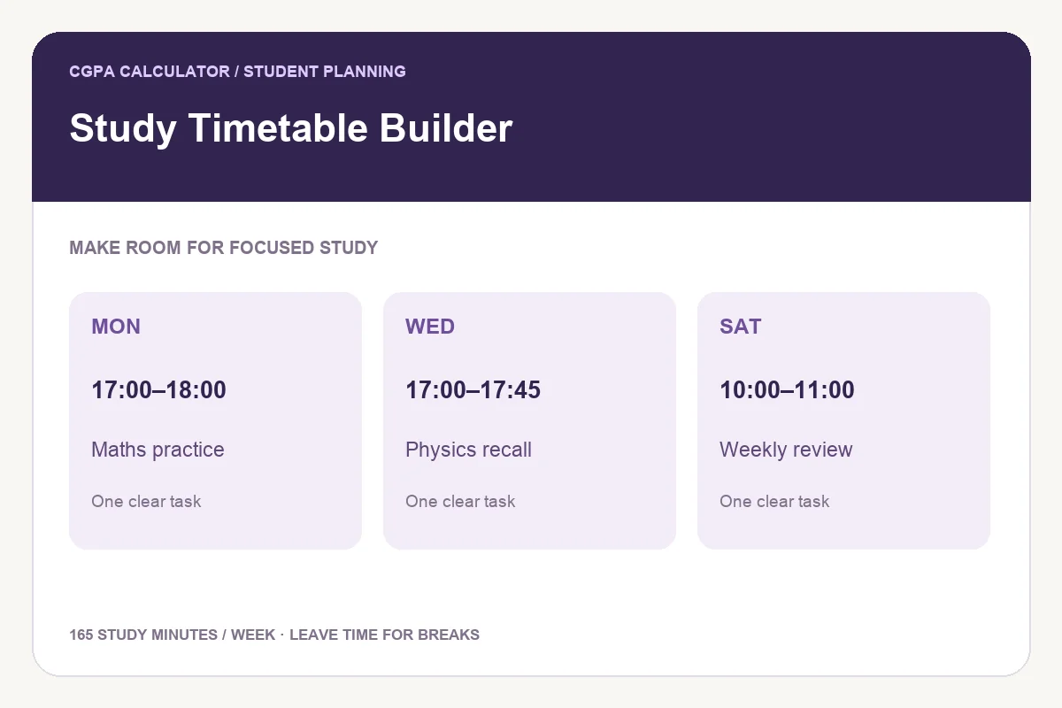 Weekly study timetable illustration showing Monday mathematics, Wednesday physics and Saturday review sessions.